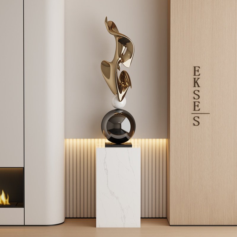 "EKSES" Modern Abstract Sculpture: Artistic Elegance in Gold & Marble