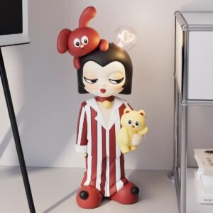 Whimsical Striped Girl with Lightbulb Figurine