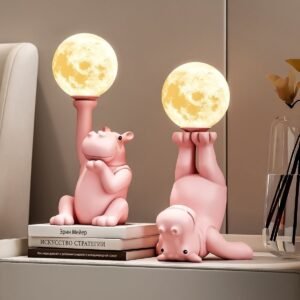 Pink Hippo Night Lights with Moon