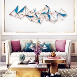 Modern Geometric Metal Wall Art – Blue & Gold Abstract Sculpture