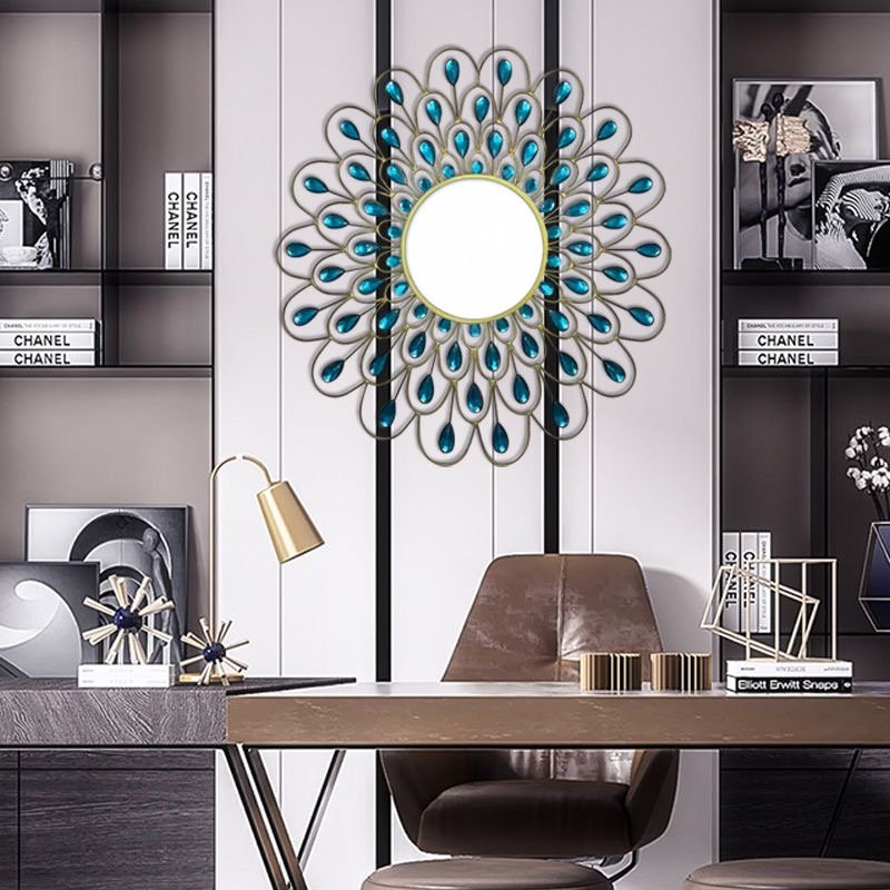 Peacock Feather-Inspired Ornate Mirror: Elegant Wall Décor with Gemstones - Image 3