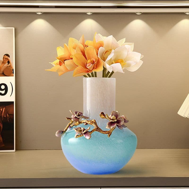 Elegant Gradient Blue Vase with Floral Arrangement