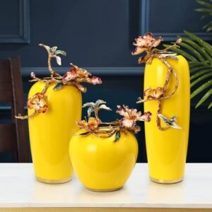 High-Fire Glazed Ceramic Vase : Rich Yellow with Golden Blooms