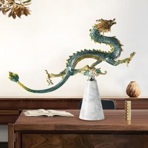 "Flying Dragon &Phoenix" Cloisonné Enamel Statue – Majestic Marble Art Piece