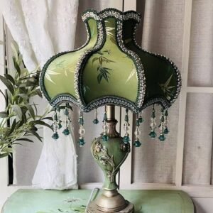Vintage Green Lampshade Desk Lamp – Elegant Botanical Style with Crystal Drops