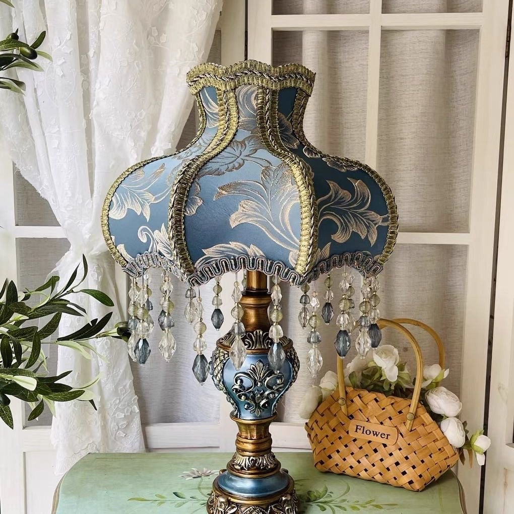 Vintage Blue Lampshade Desk Lamp – Elegant Botanical Style with Crystal Drops