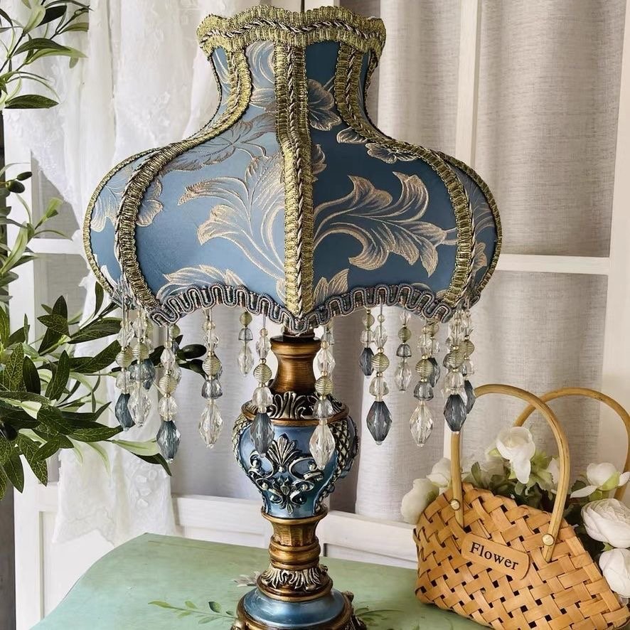 Vintage Blue Lampshade Desk Lamp – Elegant Botanical Style with Crystal Drops - Image 3