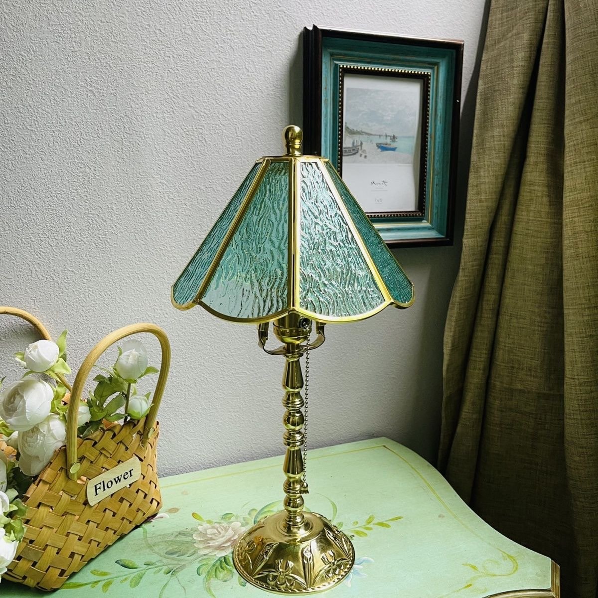 Vintage "Baroque Elegance" Copper Table Lamp with Glass Shade - Image 3