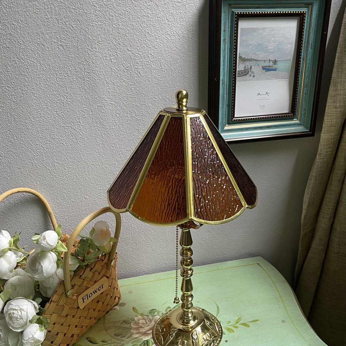 Vintage "Baroque Elegance" Copper Table Lamp with Glass Shade - Image 8